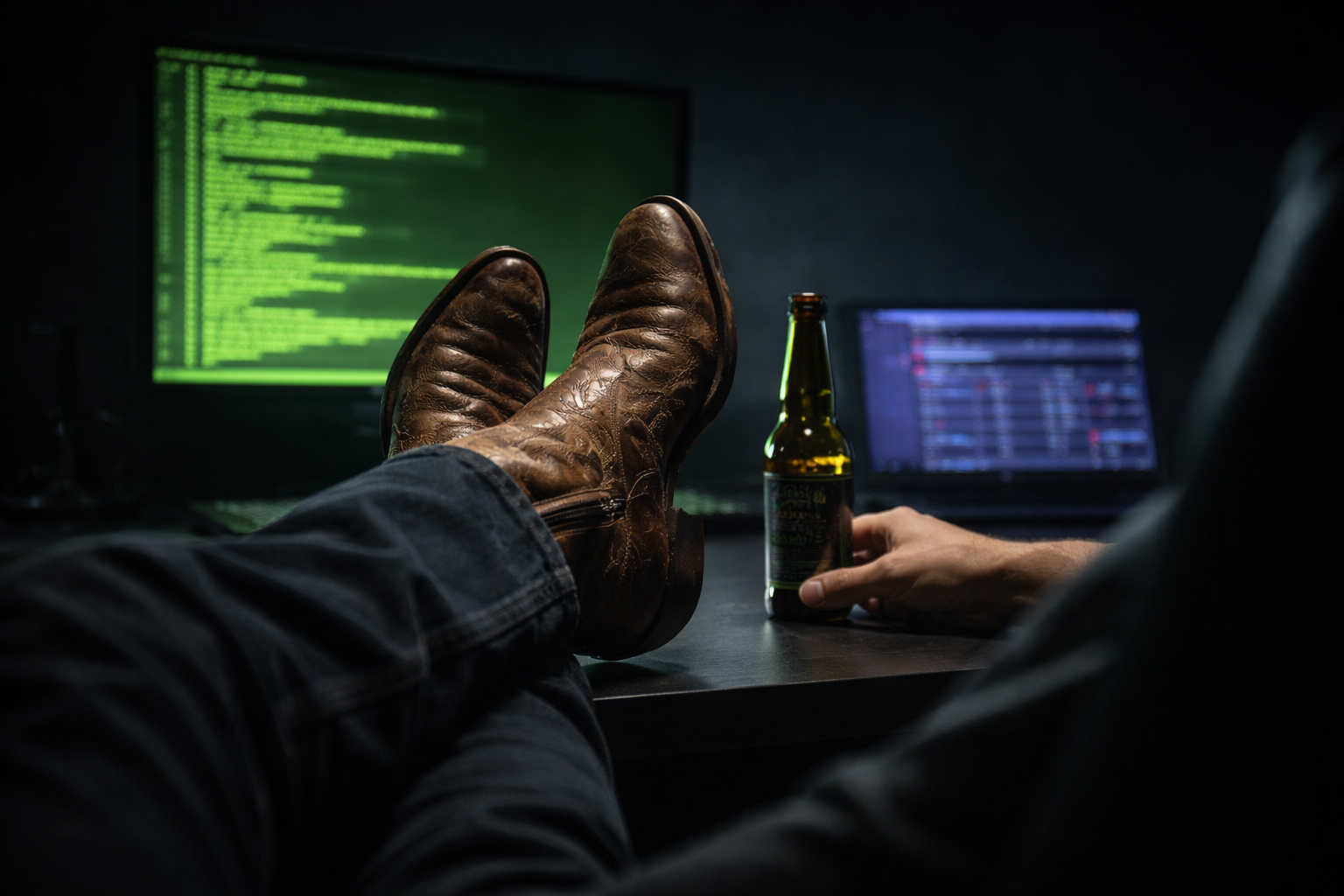 The babysitter's back — cowboy boots up on the desk, monitors glowing, the human returned to the chair