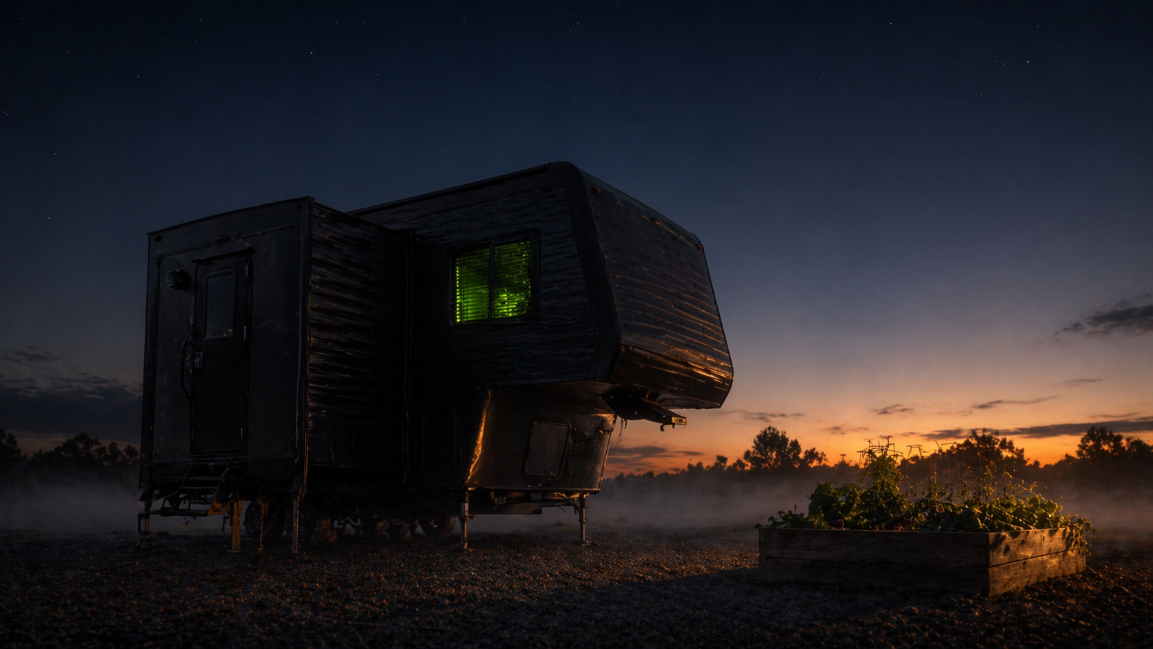 A dark fifth wheel RV trailer at dusk, parked on gravel with leveling jacks deployed, one window glowing faint green from monitors inside, a small raised garden bed with tomato plants visible to the side under a twilight sky.