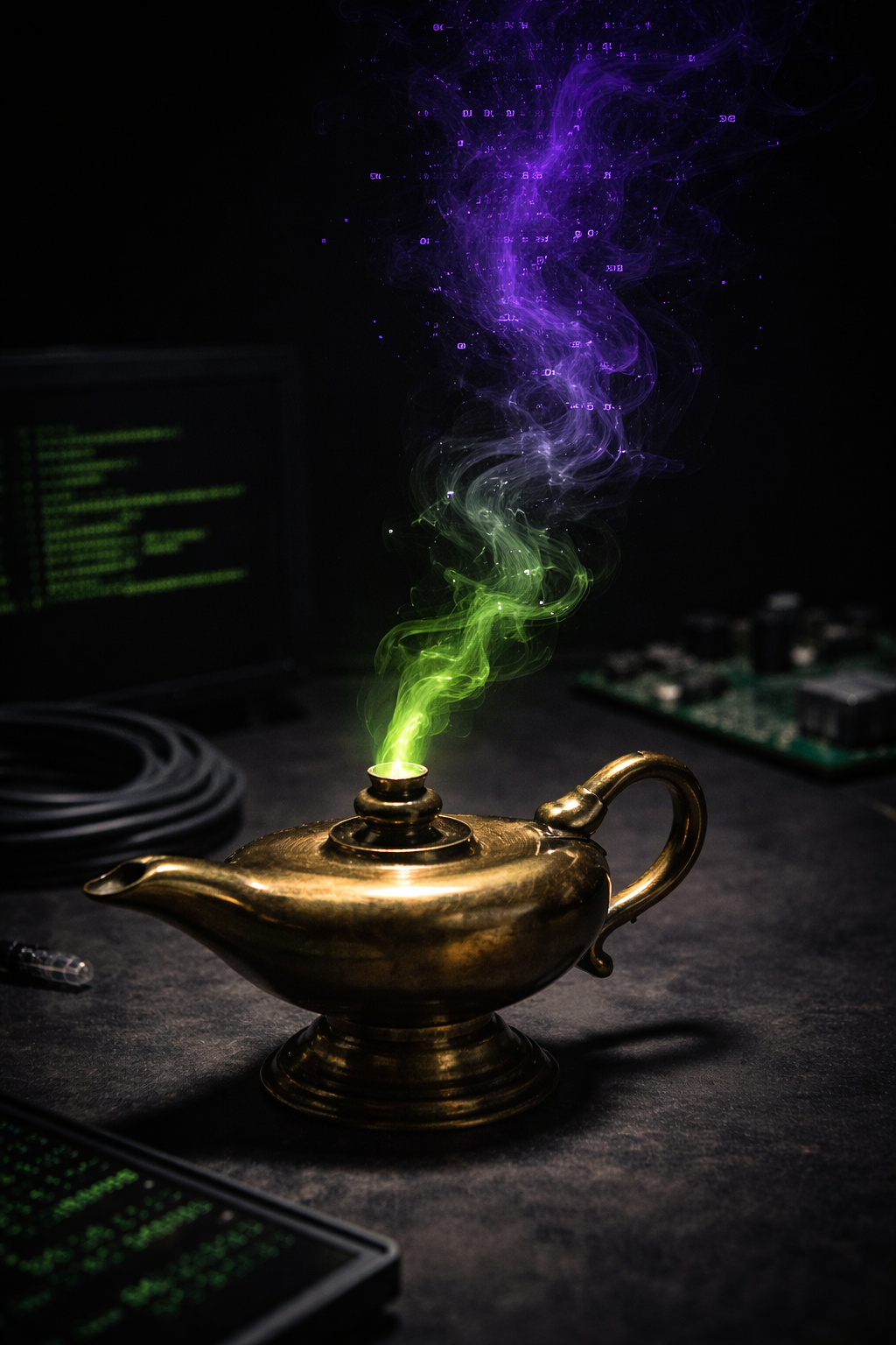 The genie emerging from the lamp — orange smoke forming an AI avatar shape in the darkness