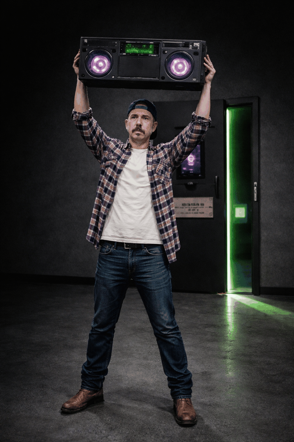 Man in backwards ball cap and flannel holding a matte black boom box over his head in front of a dark industrial door with acid green light spilling through the gap — Lloyd Dobler meets the Paranoid RV