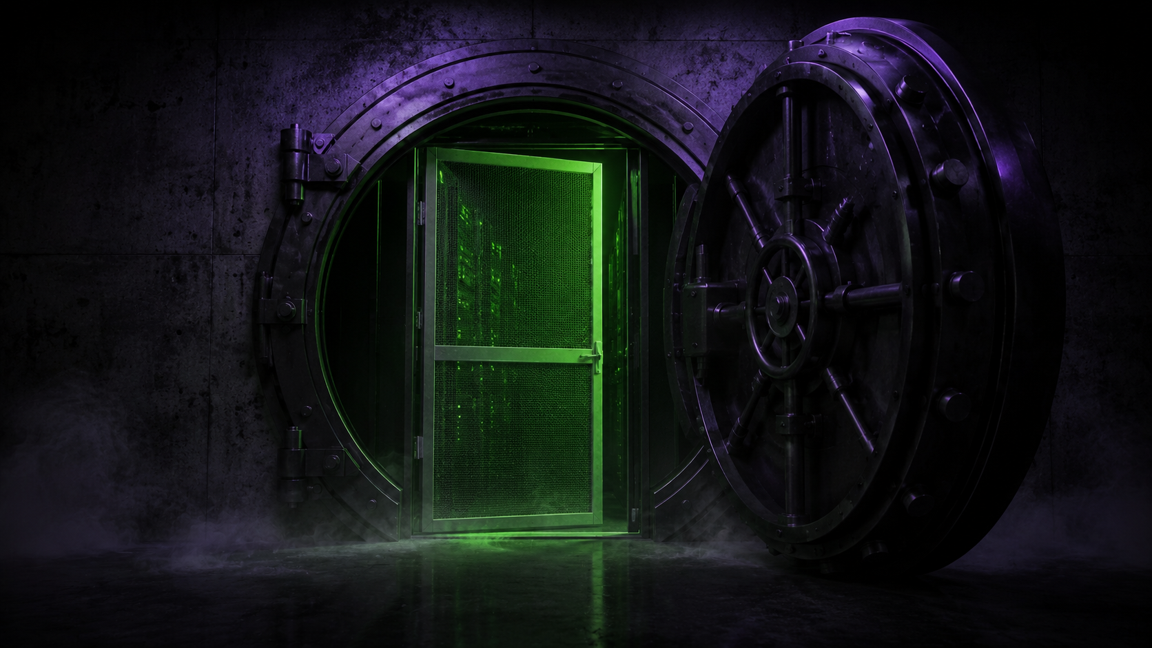 A bank-vault doorway in a dark server room, the heavy steel door swung wide open... and standing in the gap where the vault should seal is a flimsy aluminum screen door, acid-green server glow leaking through the mesh. Looks like a vault. It's a screen door.