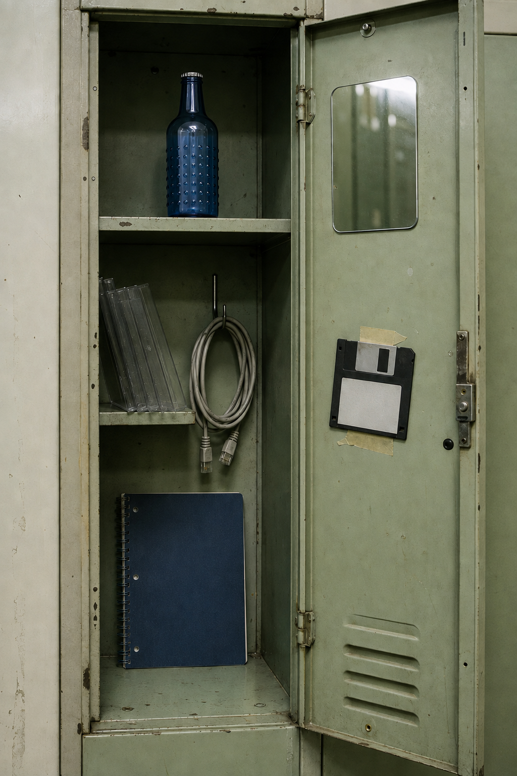 An open school locker, pale green metal, lit from overhead. Inside: a blue bottle on the top shelf, a mirror stuck to the door, a leaning stack of empty disc cases, a coil of ethernet cable on a hook, a spiral notebook, and a floppy disk taped to the door with yellowing tape. The label on the floppy is blank.