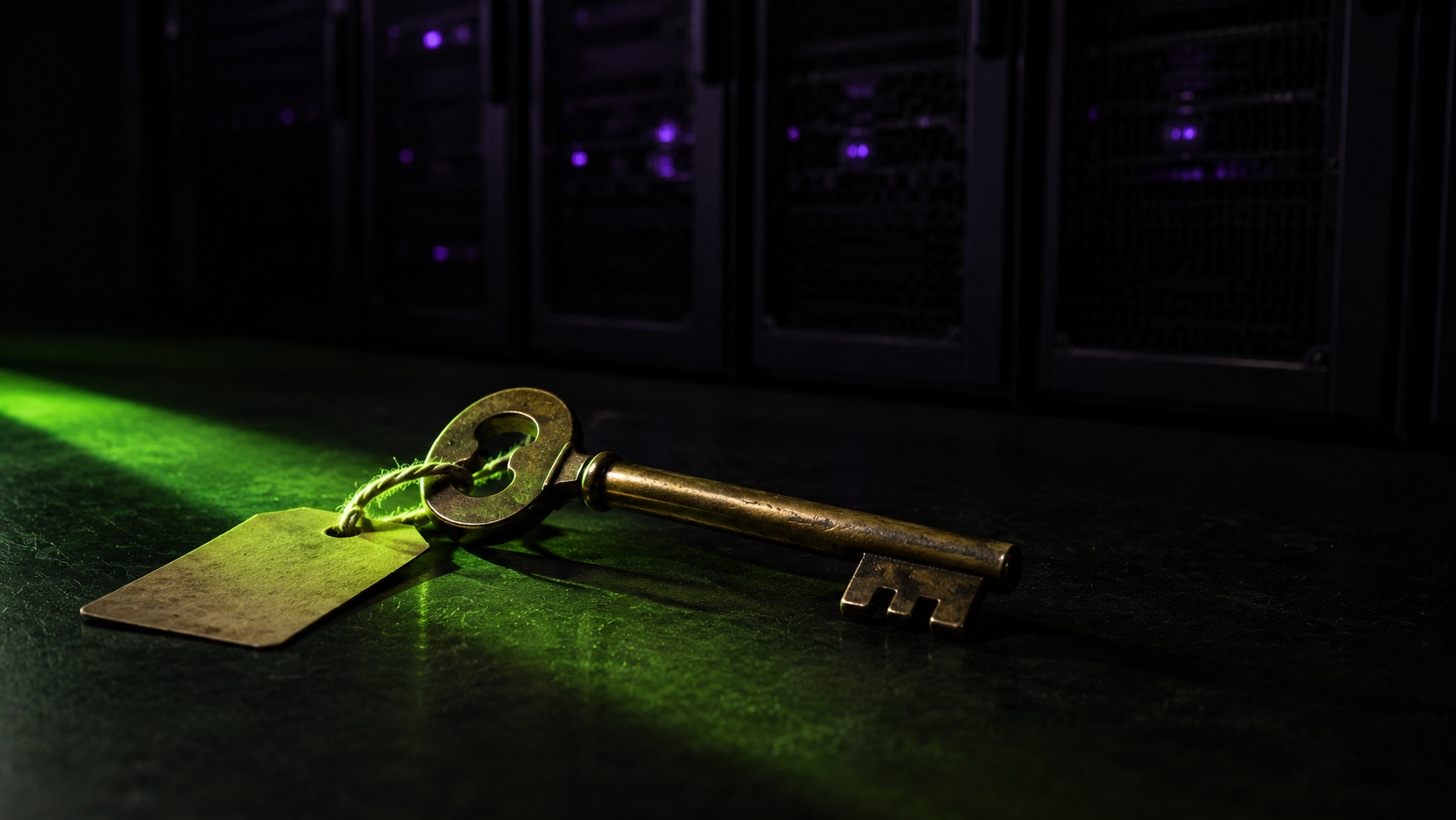 An oversized brass key with a blank paper tag tied on with twine, lying on a black metal workbench. A beam of green light falls across the key. Out of focus behind it, dark server rack doors with faint purple status LEDs.