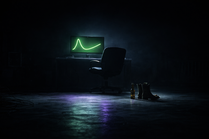 Dark room Empty Chair. Dunning-Kruger curve displayed on screen. Empty beer bottle sits next to old cowboy boots. Room void of all life. 