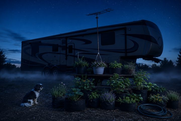 RV at dawn with Doug looking over my garden. Only have 191 characters so no easter eggs. 