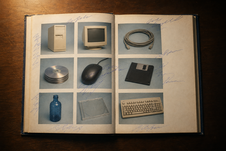 Classic yearbook laying open on a desk. "Students" are pieces of old computer equipment. There are signatures and writing simulated. If I had more room I'd totally add some funny bullshit.
