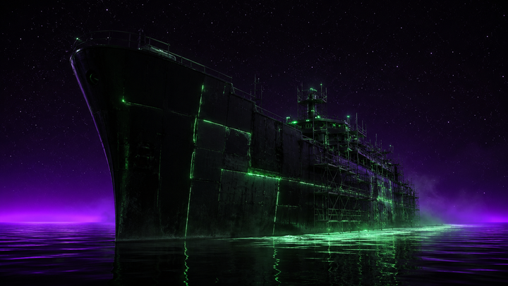  Just a huge naval ship at sea, on a starry night, with rigging, making repairs while still cruising along. Ship is leaking green glow and there's a purple horizon. 