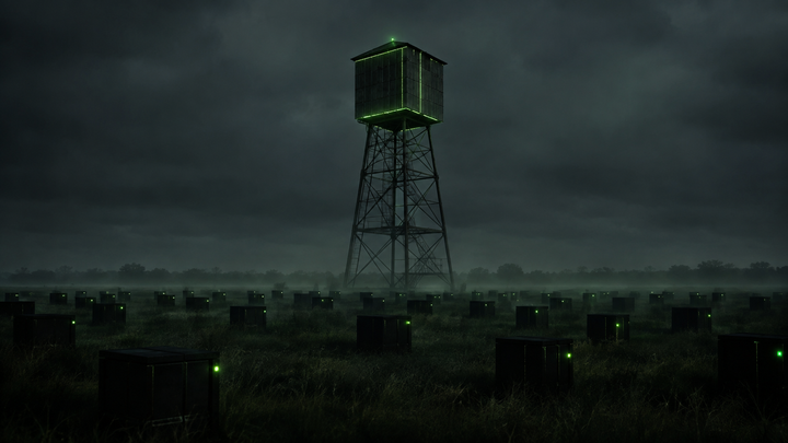 A walled up watchtower with no windows in the middle of a field of servers with green lights as far as you can see.